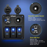 Nilight 3Gang Aluminum 5Pin ON/Off Blue Rocker Switch Panel w/ Dual USB Charger | Cigarette Lighter Socket, view 3