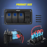 Nilight 3Gang Aluminum 5Pin ON/Off Blue Rocker Switch Panel w/ 4.8 Amp Dual USB Charger Voltmeter, view 2