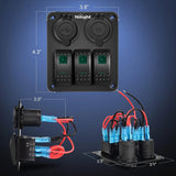 Nilight 3Gang Aluminum 5Pin ON/Off Green Rocker Switch Panel w/ Dual USB Charger | Cigarette Lighter Socket, view 2