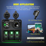 Nilight 3Gang Aluminum 5Pin ON/Off Green Rocker Switch Panel w/ Dual USB Charger | Cigarette Lighter Socket, view 3