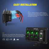 Nilight 3Gang Aluminum 5Pin ON/Off Green Rocker Switch Panel w/ 4.8 Amp Dual USB Charger Voltmeter, view 3