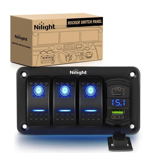 Nilight 3Gang Aluminum 5Pin ON/Off Blue Rocker Switch Panel w/ PD Type C & USB Charger Voltmeter