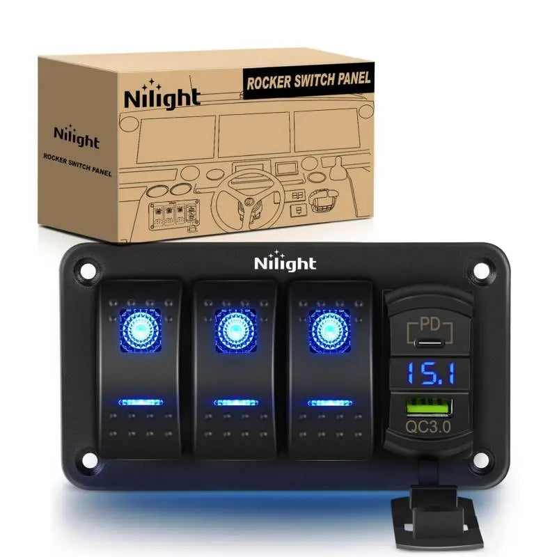 Nilight 3Gang Aluminum 5Pin ON/Off Blue Rocker Switch Panel w/ PD Type C & USB Charger Voltmeter