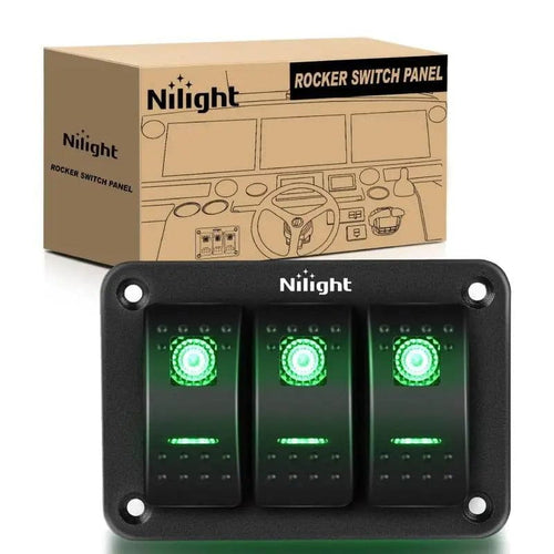 Nilight 3Gang Aluminum 5Pin ON/Off Rocker Switch Panel Green