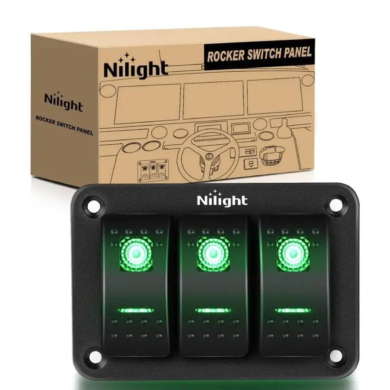 Nilight 3Gang Aluminum 5Pin ON/Off Rocker Switch Panel Green