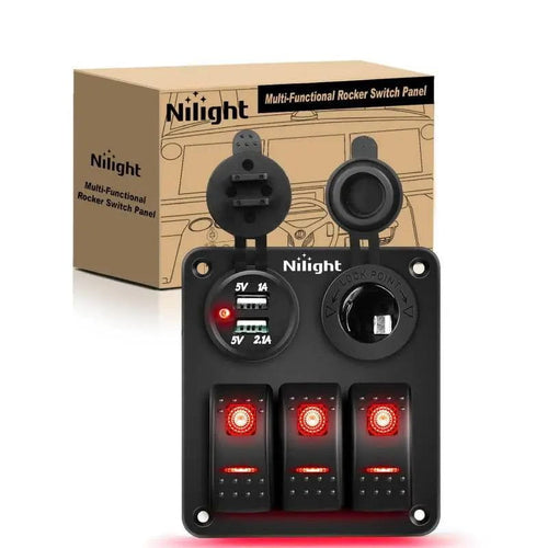 Nilight 3Gang Aluminum 5Pin ON/Off Red Rocker Switch Panel w/ Dual USB Charger | Cigarette Lighter Socket