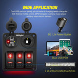 Nilight 3Gang Aluminum 5Pin ON/Off Red Rocker Switch Panel w/ Dual USB Charger | Cigarette Lighter Socket, view 3
