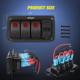 Nilight 3Gang Aluminum 5Pin ON/Off Red Rocker Switch Panel w/ 4.8 Amp Dual USB Charger Voltmeter, view 2