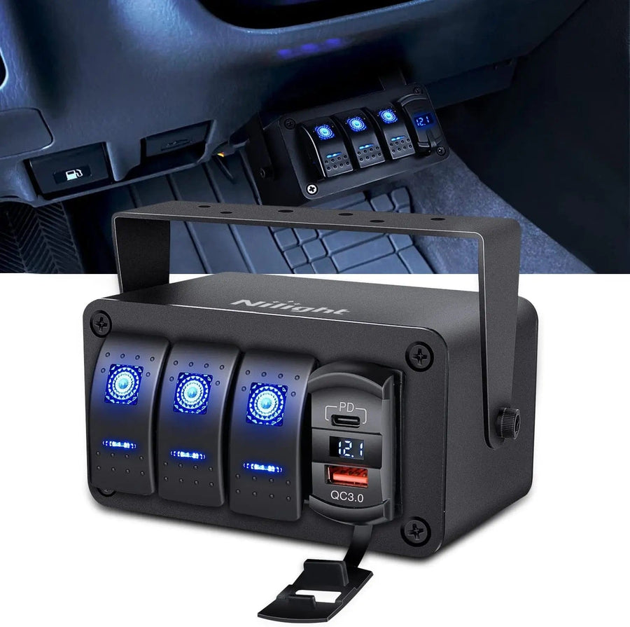 Nilight 3Gang Blue Rocker Switch Box w/ PD Type C | QC 3.0 USB Charger Voltmeter