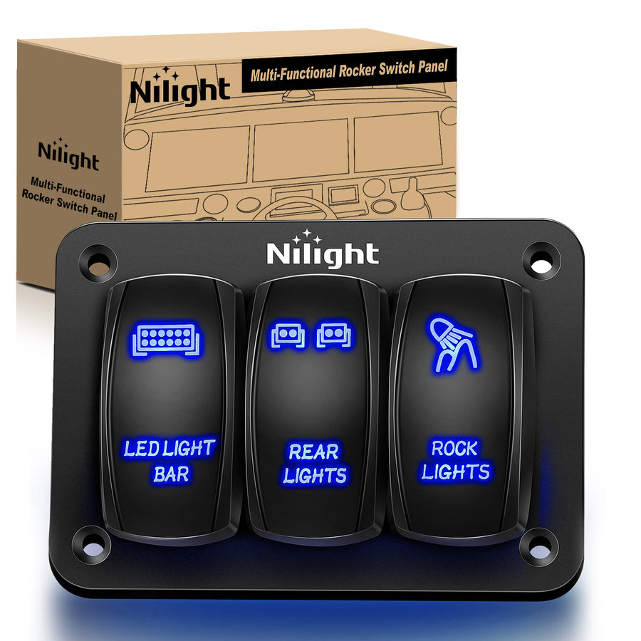 Nilight 3Gang Led Light Bar/Rear Lights/Rock Lights 5Pin ON/Off Rocker Switch Panel Blue