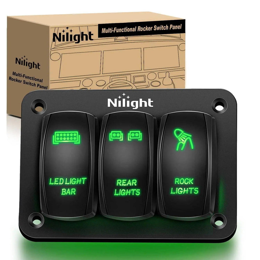 Nilight 3Gang Led Light Bar/Rear Lights/Rock Lights 5Pin ON/Off Rocker Switch Panel Green