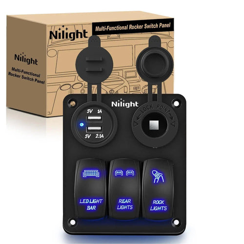 Nilight 3Gang Led Light Bar/Rear Lights/Rock Lights 5Pin ON/Off Rocker Switch Panel W/ USB Charger Cigarette Lighter