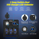 Nilight 3Gang Sasquatch Lights/Wench Power/Rear Lights 5Pin ON/Off Rocker Switch Panel W/ USB Charger LED Voltmeter, view 3