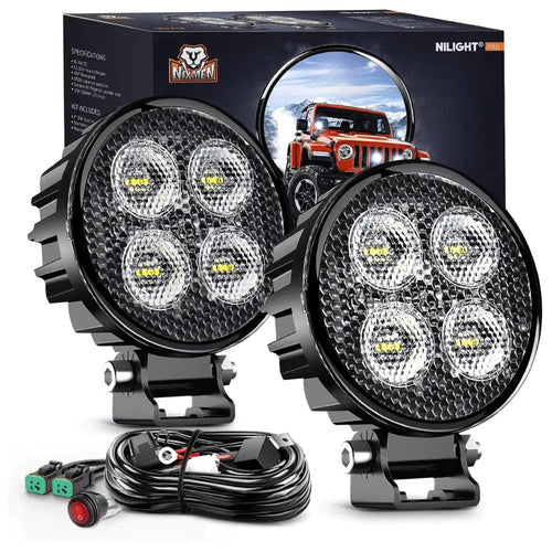 Nilight 3 Inch 12W 1500LM Round Flood Built-in EMC LED Work Lights (Pair) | 16AWG DT Wire
