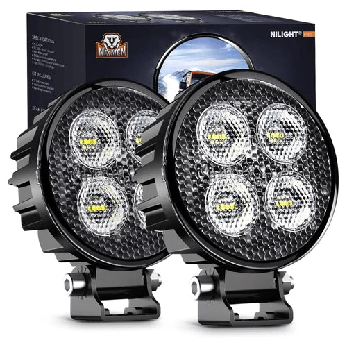 Nilight 3 Inch 12W 1500LM Round Flood Built-in EMC LED Work Lights (Pair)