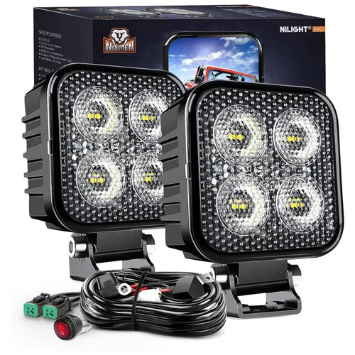 Nilight 3 Inch 12W 1500LM Square Flood Built-in EMC LED Work Lights (Pair) | 16AWG DT Wire