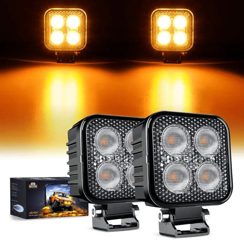 Nilight 3 Inch 15W 2100LM Square Amber Flood Built-in EMC Led Work Lights (Pair)