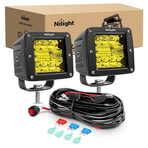 Nilight 3 Inch 42W Amber Cube Spot Flood LED Pods (Pair) | 12FT Wire 3Pin Switch