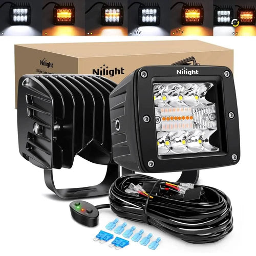 Nilight 3 Inch 42W Amber White Cube Spot Flood LED Pods (Pair) | 16AWG DT Wire