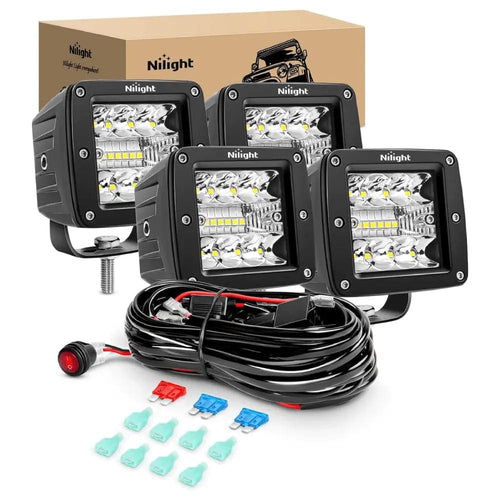 Nilight 3 Inch 42W Triple Row Cube Spot Flood LED Pods (2 Pairs) | 10FT Wire 3Pin Switch