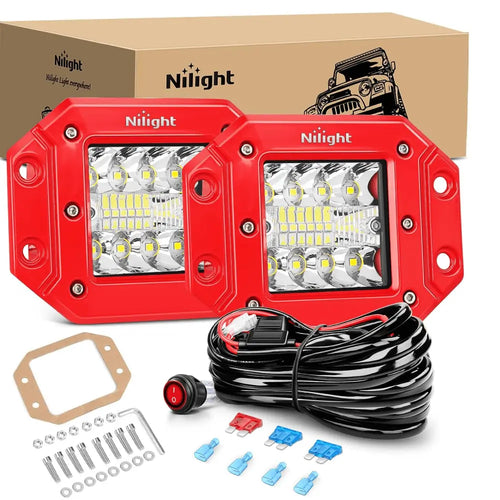 Nilight 4.8Inch 42W Flush Mount Spot Flood Red Case LED Work Lights 16AWG Wiring Harness Kit-2 Leads