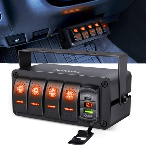 Nilight 4 Gang Rocker Switch Box 12V SPST ON Off Toggle Switches PD Type C and QC 3.0 USB Sockcet Voltmeter LED Light Waterproof Aluminum Mount Bracket Panel DIY Stickers for Boat Car RV Truck