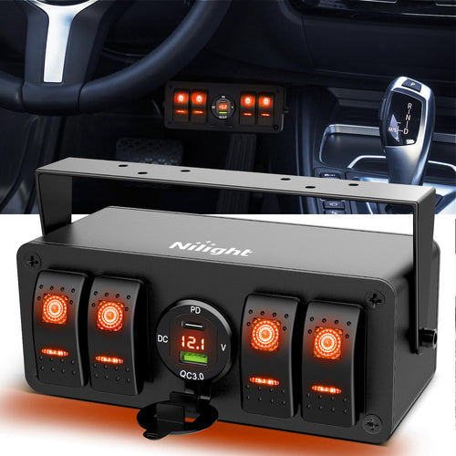 Nilight 4 Gang Rocker Switch Box 12V SPST ON Off Toggle Switches PD Type C and QC 3.0 USB Sockcet Voltmeter LED Light Waterproof Aluminum Mount Bracket Panel DIY Stickers for Boat Car RV Truck