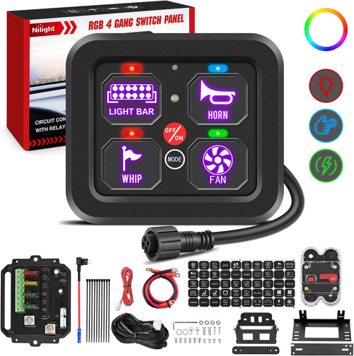 Nilight 4 Gang Switch Panel 12V 24V Universal Circuit Control Relay System with RGB Backlight Fuse Wiring Harness Automatic Dimmable ON Off LED Pod for Car Pickup Truck Camper SUV