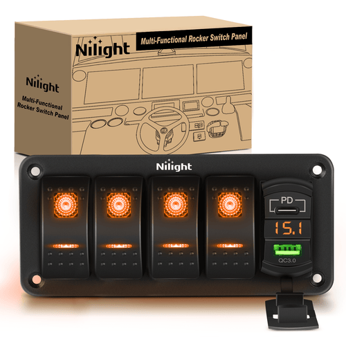 Nilight 4 Gang Switch Panel With QC3.0 & PD Charger And Voltmerter with Orange Backlit