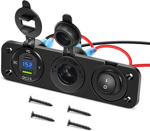 Nilight 4 in 1 Charger Socket Panel PD Type C and QC 3.0 USB with LED Voltmeter Display and Cigarette Lighter Power Cutoff Switch for Cars Trucks UTV ATV
