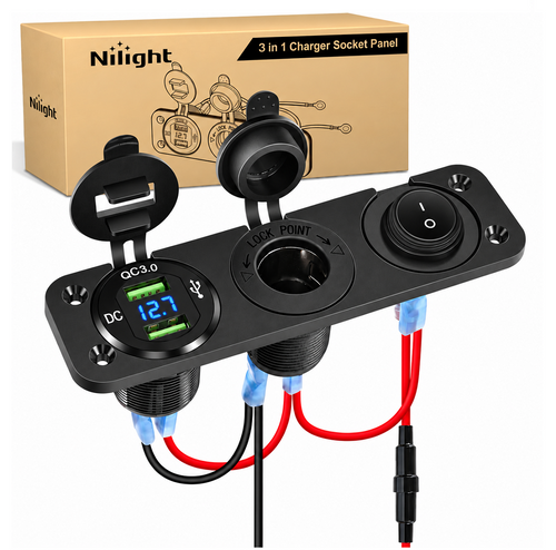 Nilight 4 in 1 ON/OFF Blue Charger Socket Panel w/ Dual QC 3.0 USB Voltmeter Cigarette