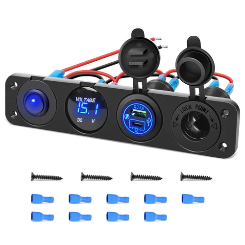 Nilight 4 in 1 ON/OFF Blue Charger Socket Panel w/ PD Type C QC 3.0 USB Voltmeter Cigarette