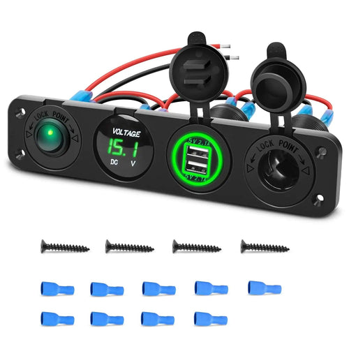 Nilight 4 in 1 ON/OFF Green Charger Socket Panel w/ Dual USB Voltmeter Cigarette