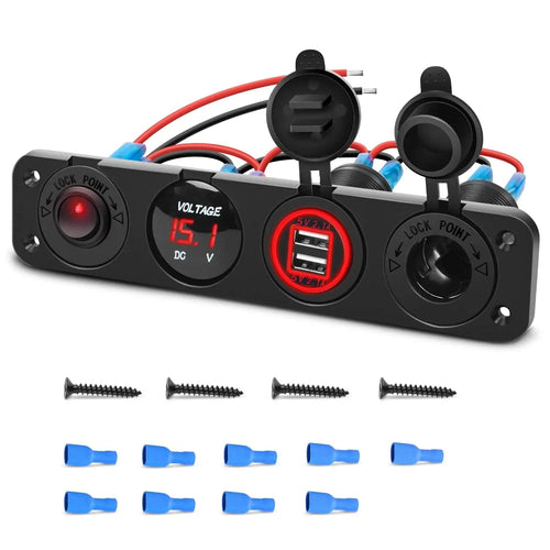Nilight 4 in 1 ON/OFF Red Charger Socket Panel w/ Dual USB Voltmeter Cigarette