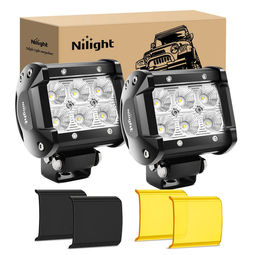 Nilight 4 Inch 18W 1260LM Flood Led Pods with Amber/Black Covers (Pair)