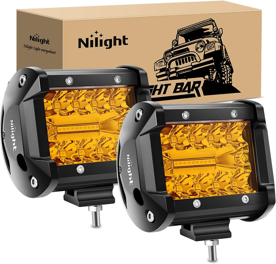 Nilight 4 Inch Amber LED Light Pods 2PCS Triple Row 60W Flood Spot Combo Offroad Driving Fog Lighting for 12V 24V Pickup Truck ATV UTV SUV