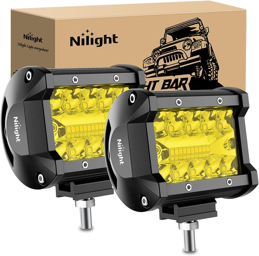Nilight 4 Inch Yellow LED Light Pods 2PCS Triple Row 60W Flood Spot Combo Offroad Driving Fog Lighting for 12V 24V Pickup Truck ATV UTV SUV