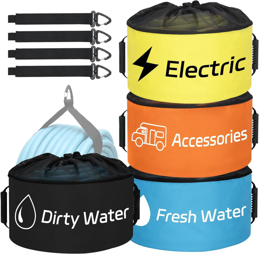 Nilight 4 Pack RV Hose Storage Bag, Waterproof Utility Bag with Drawstring Mesh Top RV Storage and Organization Bags Container for Sewer, Fresh Water Hoses Electrical Cords Camper Tools Accessories