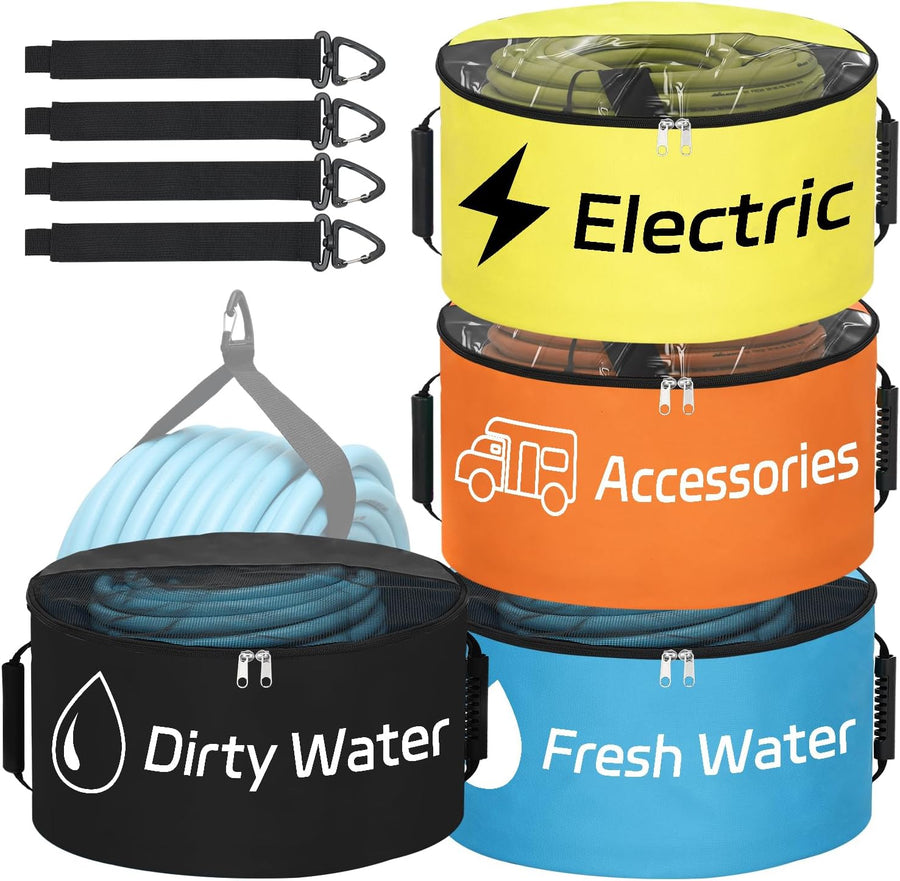 Nilight 4 Pack RV Hose Storage Bag, Waterproof Utility Bag with Visible Cover & Dual Zipper Closure RV Storage and Organization for Sewer, Fresh Water Hoses Electrical Cords Camper Tools Accessories