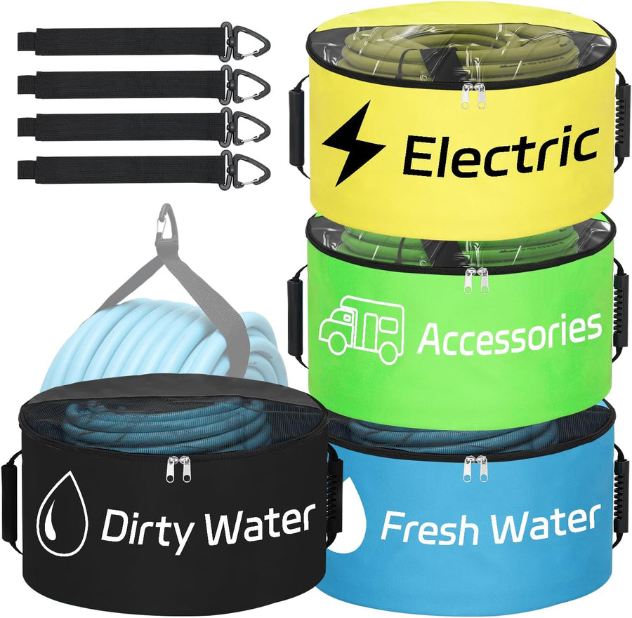 Nilight 4 Pack RV Hose Storage Bag, Waterproof Utility Bag with Visible Cover & Dual Zipper Closure RV Storage and Organization for Sewer, Fresh Water Hoses Electrical Cords Camper Tools Accessories
