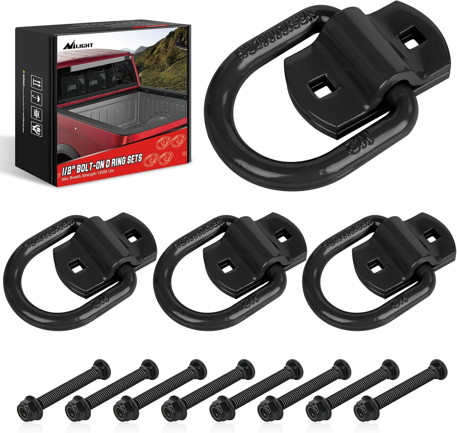 Nilight 4 PCS D Ring Tie Down Anchor 1/2 Inch Heavy Duty Rings with Screws Bolts on Trailer Truck Bed Cargo 12000 Lbs Break Strength Hook Black