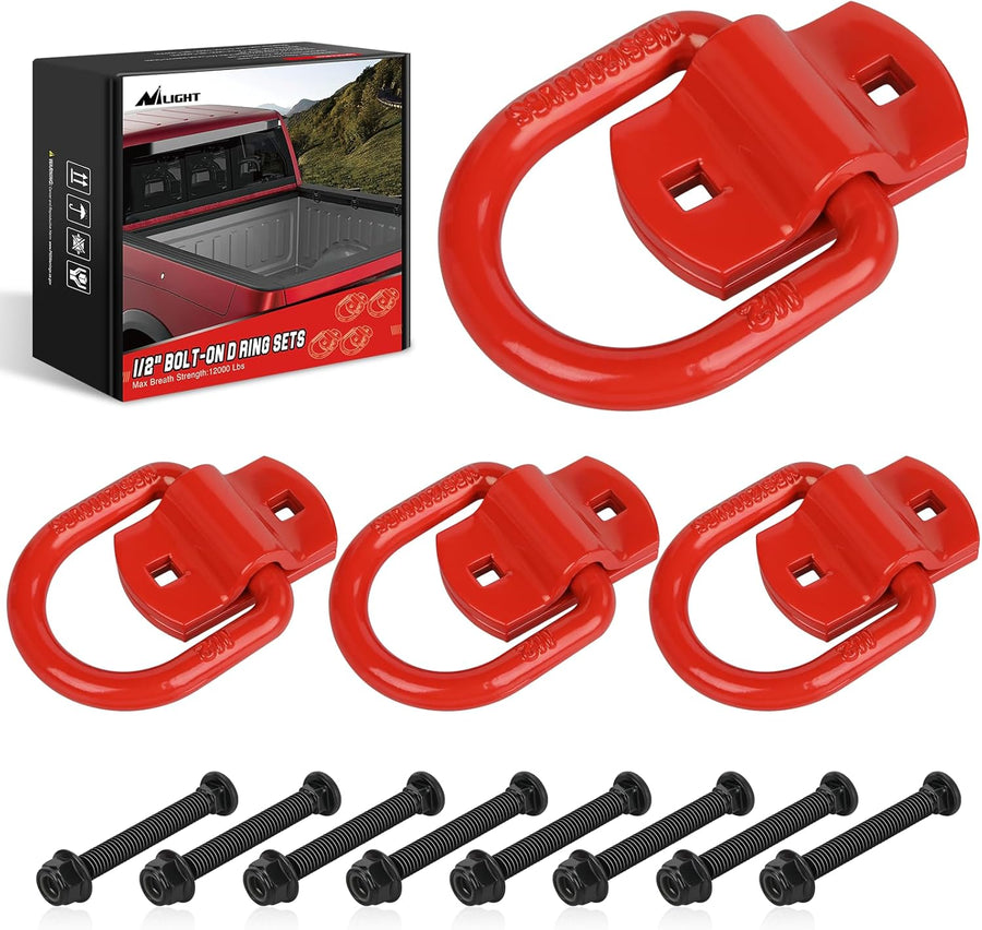 Nilight 4 PCS D Ring Tie Down Anchor 1/2 Inch Heavy Duty Rings with Screws Bolts on Trailer Truck Bed Cargo 12000 Lbs Break Strength Hook Red
