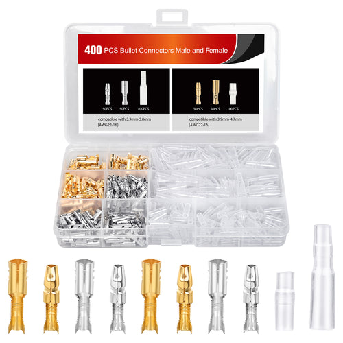Nilight 400PCS 3.9mm Bullet Connectors Male and Female Brass Wire Terminals Connector with Insulation Cover for 22-16AWG Electrical Wiring Motorcycle Motorbike Car Truck Boats