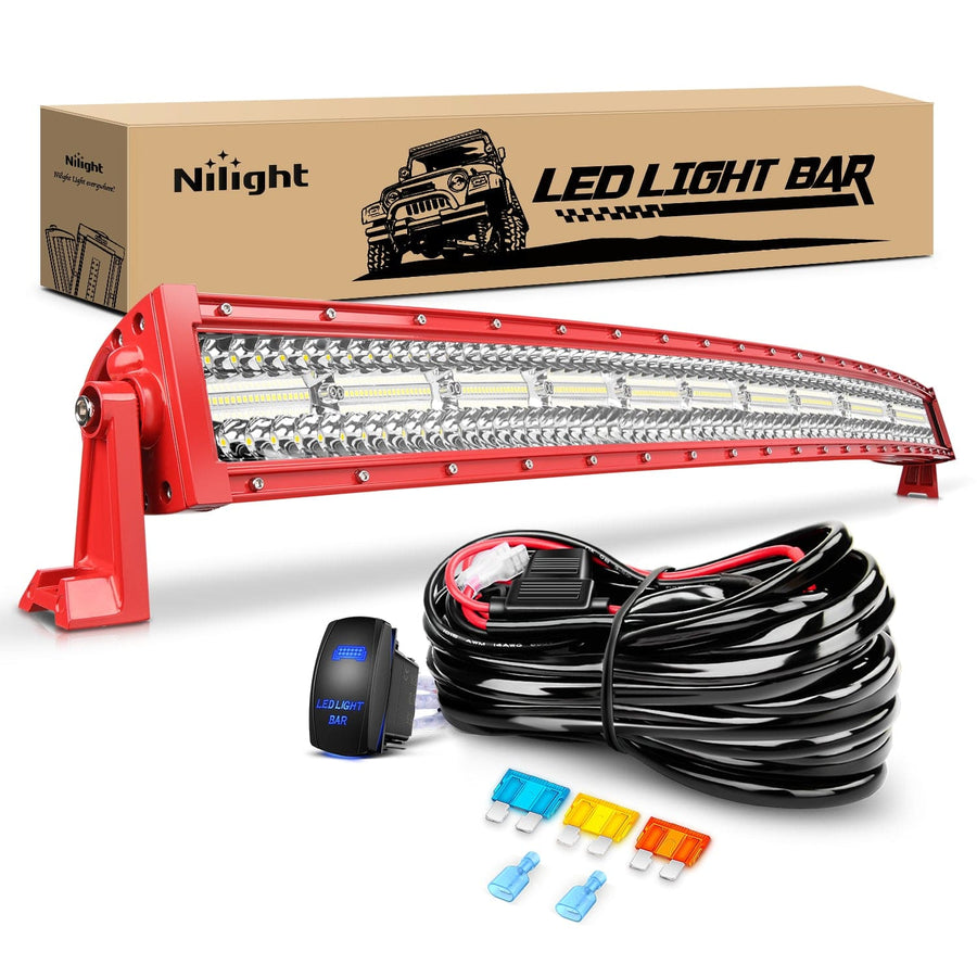 Nilight 42 Inch Triple Row Red Shell Spot Flood Curved Led Light Bar | 14AWG Wire 5Pin Switch