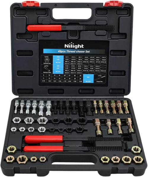 Nilight 49PCS Thread Chaser Set SAE Metric Universal UNC UNF Sizes | Master Thread Repair Kit with Case 22 Taps 24 Dies 3 Thread Files Automotive Tool for Mechanics Auto Shops Home Garage Repair