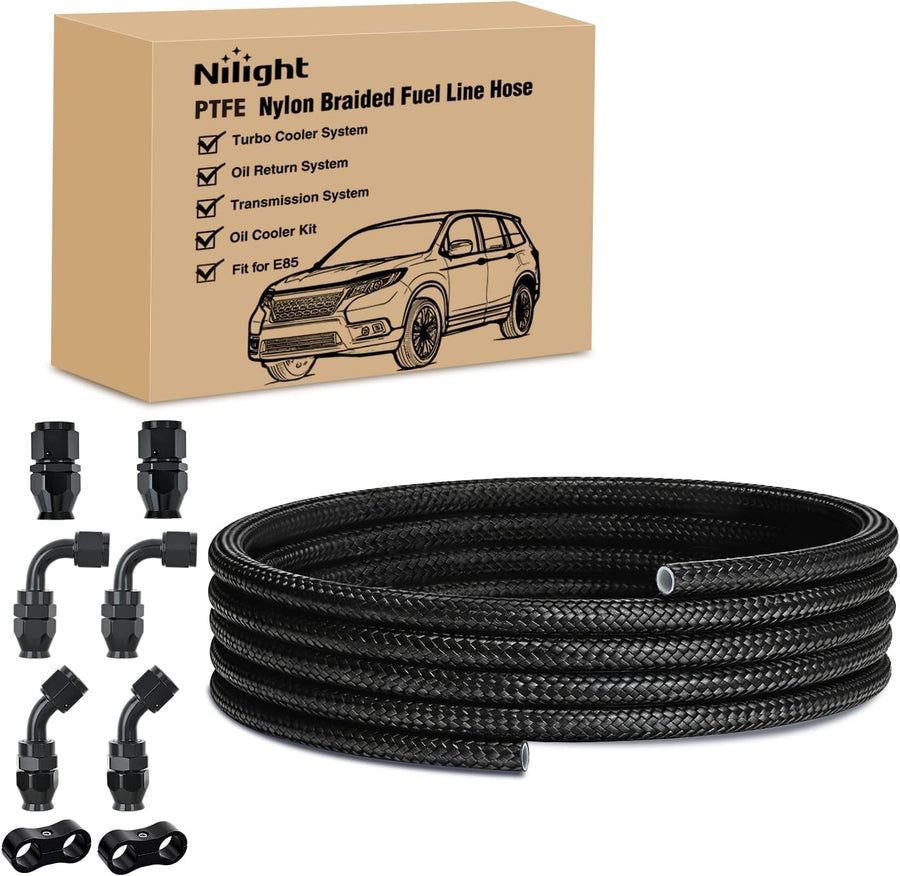 Nilight 4AN 10FT PTFE Fuel Hose Kit with 8PCS AN4 Fittings&Hose Separators | Fit E85 Nylon Stainless Steel Braided Fuel Hose Universal for Automotive Racing Engines