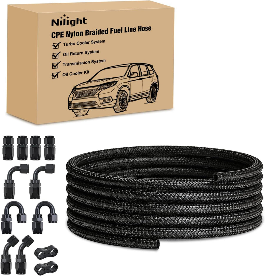 Nilight 4AN 15FT CPE Fuel Hose Kit with 12PCS AN4 Fittings&Hose Separators | CPE Nylon Stainless Steel Braided Oil Gas Diesel Fuel Hose End Fitting Kit for Transmission Oil Cooler Vacuum Lines