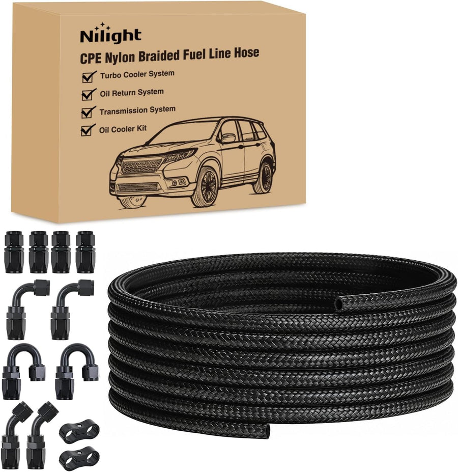 Nilight 4AN 20FT CPE Fuel Hose Kit with 12PCS AN4 Fittings&Hose Separators | CPE Nylon Stainless Steel Braided Oil Gas Diesel Fuel Hose End Fitting Kit for Transmission Oil Cooler Vacuum Lines