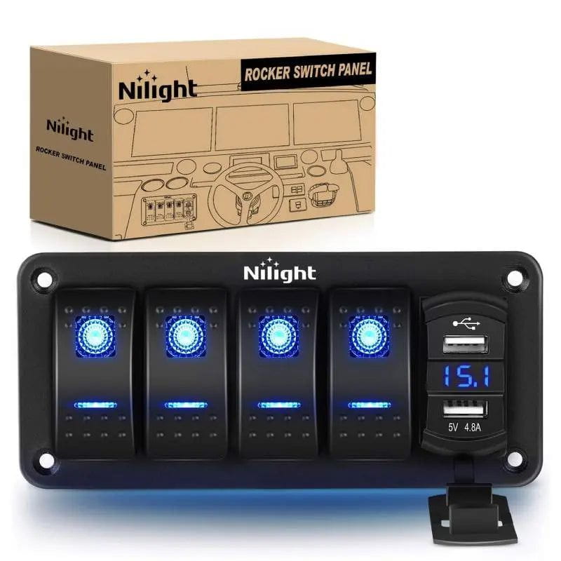Nilight 4Gang Aluminum 5Pin ON/Off Blue Rocker Switch Panel w/ 4.8 Amp Dual USB Charger Voltmeter