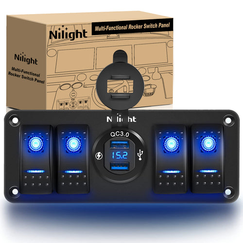 Nilight 4Gang Aluminum 5Pin ON/Off Blue Rocker Switch Panel w/ QC 3.0 Dual USB Charger Voltmeter